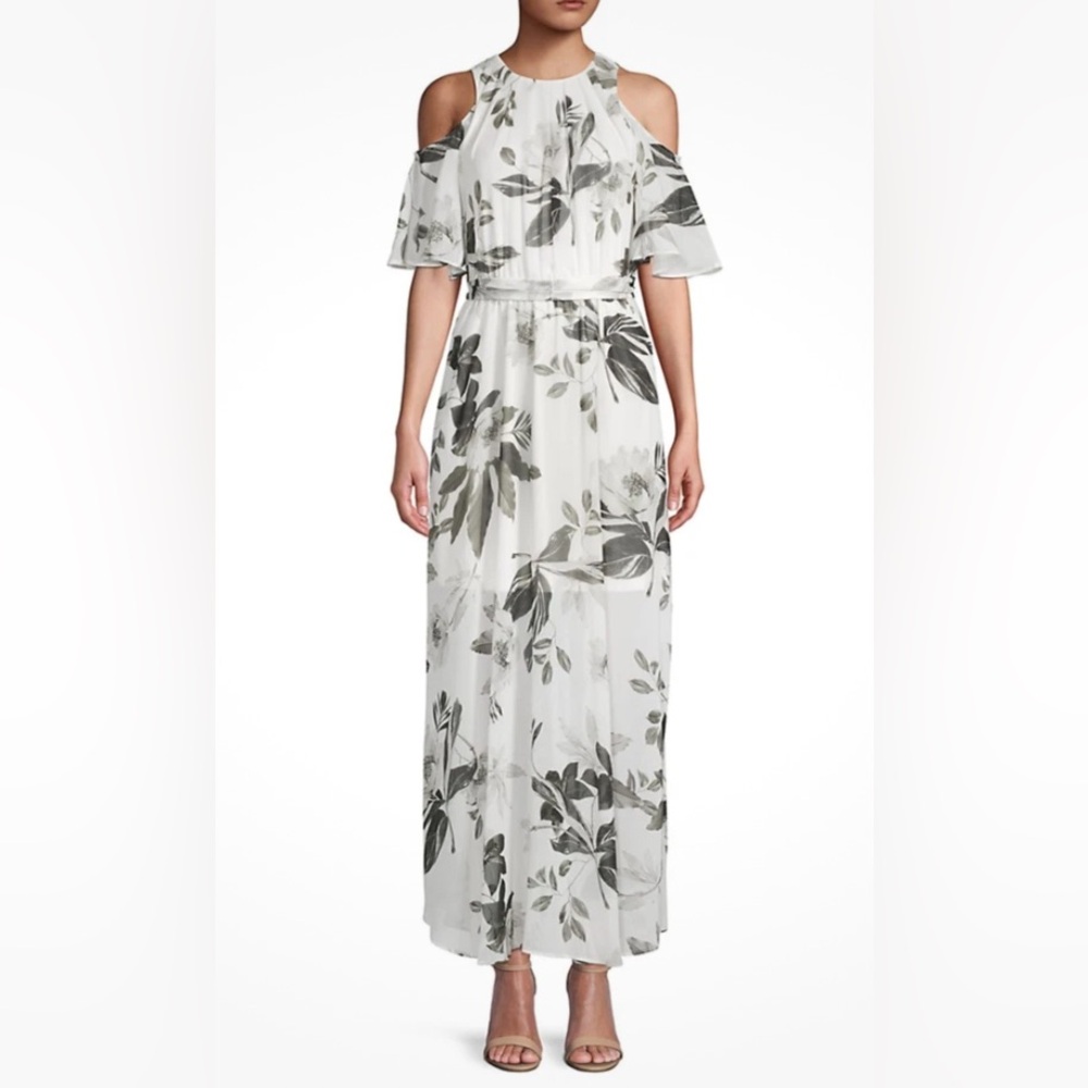 Calvin Klein Floral Cold Shoulder Maxi Dress - Black and White